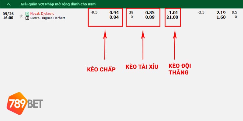 Ví dụ bảng kèo cá cược toàn trận trong một cặp đấu tennis